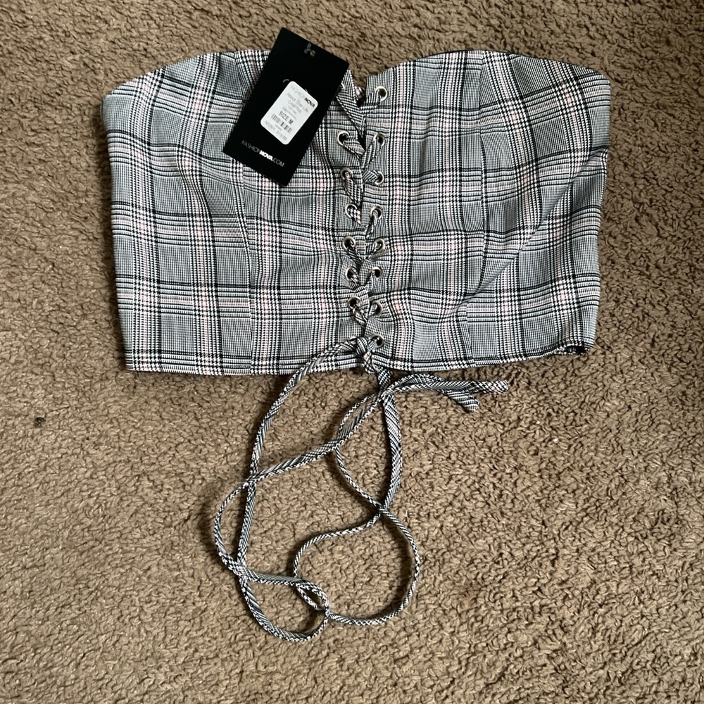 Fashion Nova Black and White Plaid Lace-Up Top